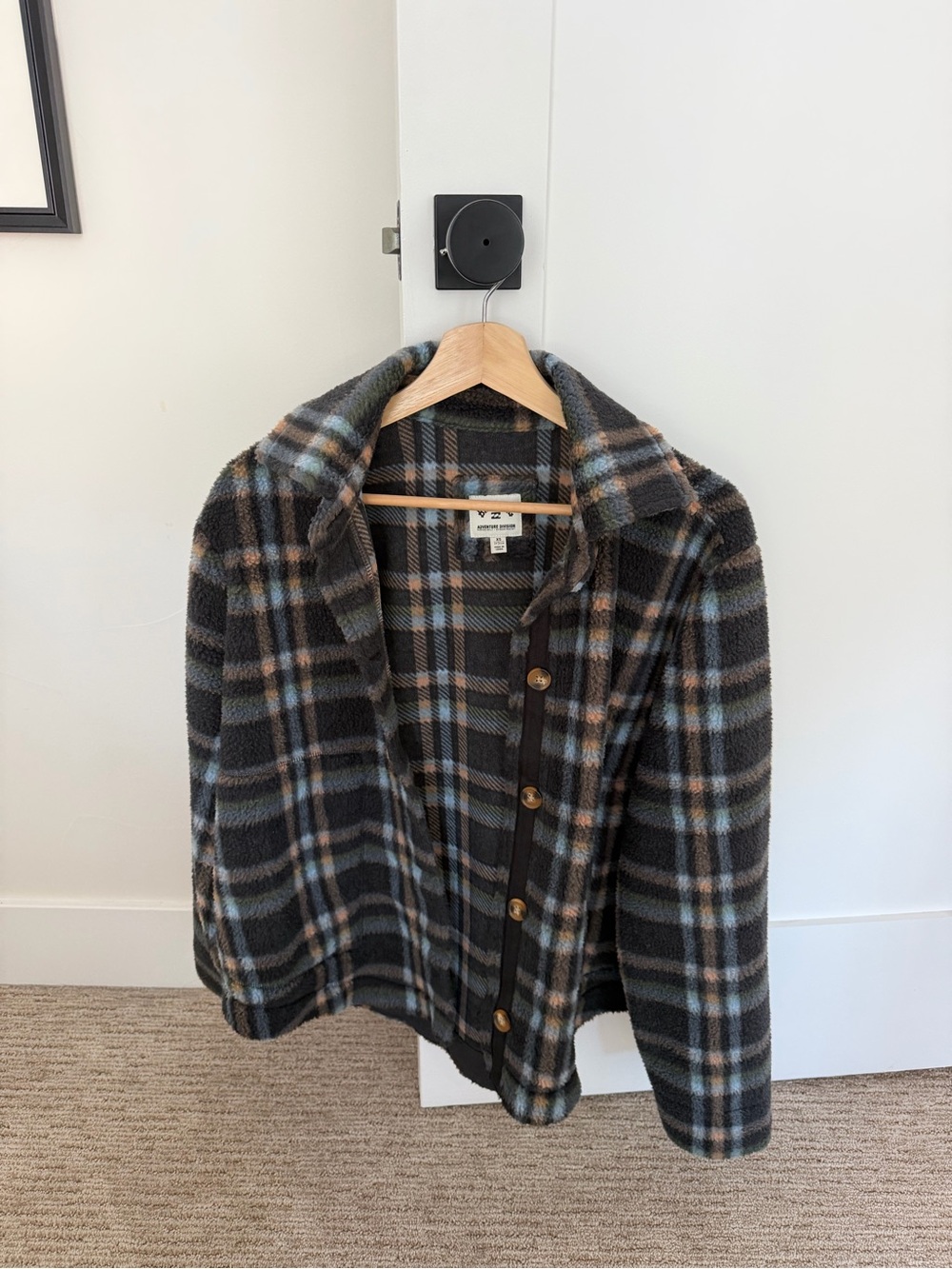 Billabong Women’s Plaid Fleece Button-Up Jacket in Black & Brown and blue